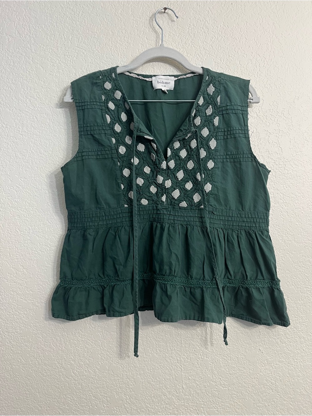 100% cotton bohme Deep Green Sleeveless Embroidered Tie-Front Peasant Top
